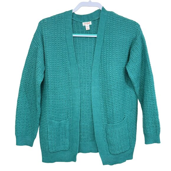 Cat & Jack Girls Open Front Waffle Knit Cardigan Sweater Teal XL 14 Lightweight - Picture 1 of 5